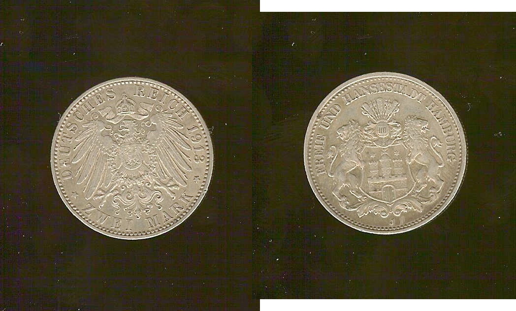 Germany Hamburg 2 marks 1913J gEF